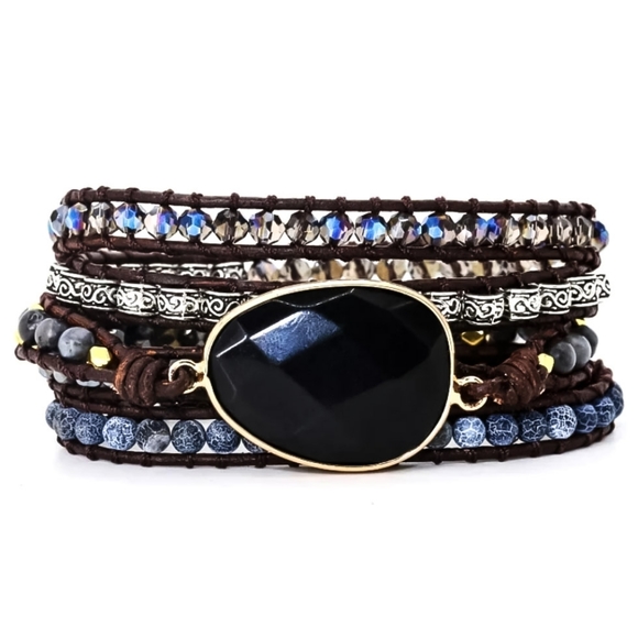 Svetlana Jewelry - Boho Black Obsidian Leather & Natural Gemstones Wrap Bracelet